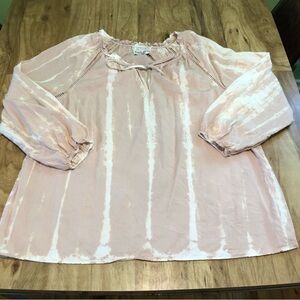 Knox Rose Womens Size XL Pink Cream Elastic Sleeve Peasant Blouse Top Tie Dye